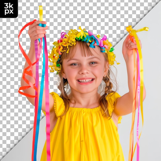 PSD a young girl with a yellow dress and colorful ribbons