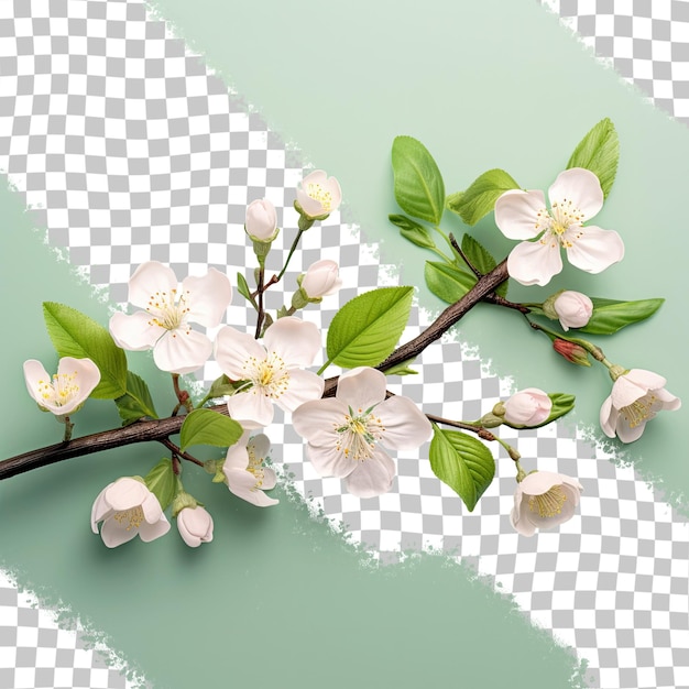 Young green leaves and blooming flowers on a pear tree branch isolated on transparent background