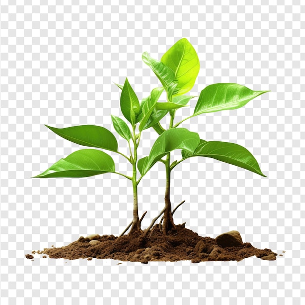 Young green plant in soil isolated on transparency background psd