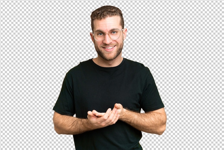 PSD young handsome blonde man over isolated chroma key background laughing