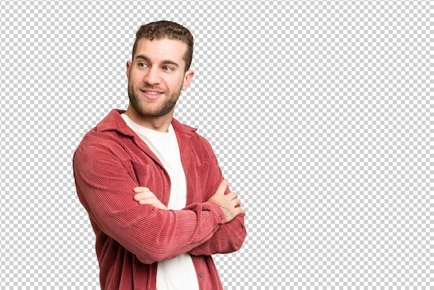 young handsome blonde man over isolated chroma key background looking to the side and smiling