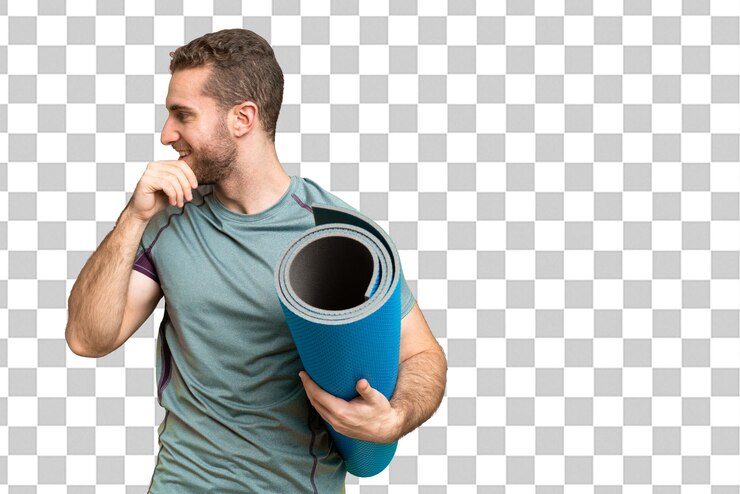 PSD young handsome blonde man over isolated chroma key background