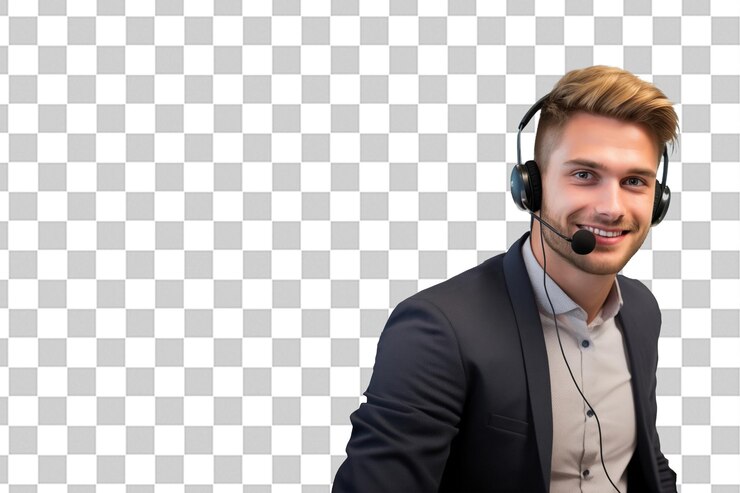 PSD young handsome blonde man with telemarketer headset on isolated chroma key background