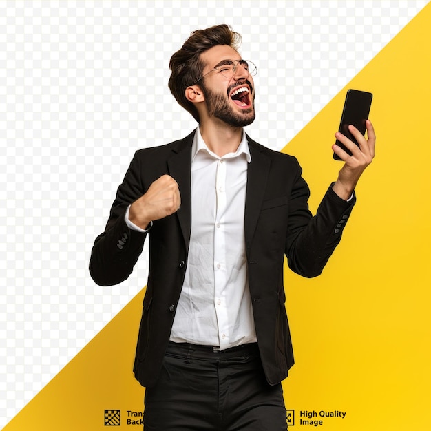 PSD young handsome businessman using smartphone standing over isolated yellow isolated background screaming proud and celebrating victory and success very excited cheering emotion