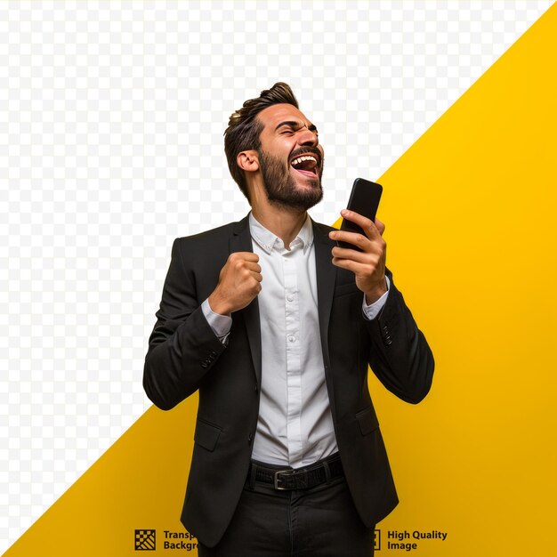 Young handsome businessman using smartphone standing over isolated yellow isolated background screaming proud and celebrating victory and success very excited cheering emotion