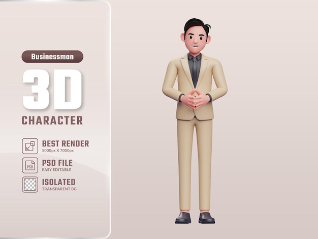 PSD young handsome businessman with hand gesture steeple 3d render businessman character illustration