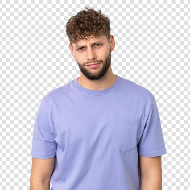 Young handsome caucasian man isolated on transparent background with sad expression