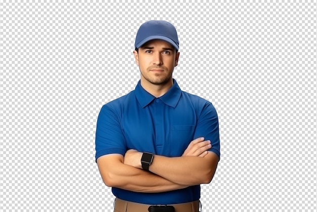 PSD young handsome delivery man in a blue uniform and cap isolated on transparent background