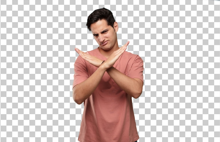 PSD young handsome latin man rejection sign