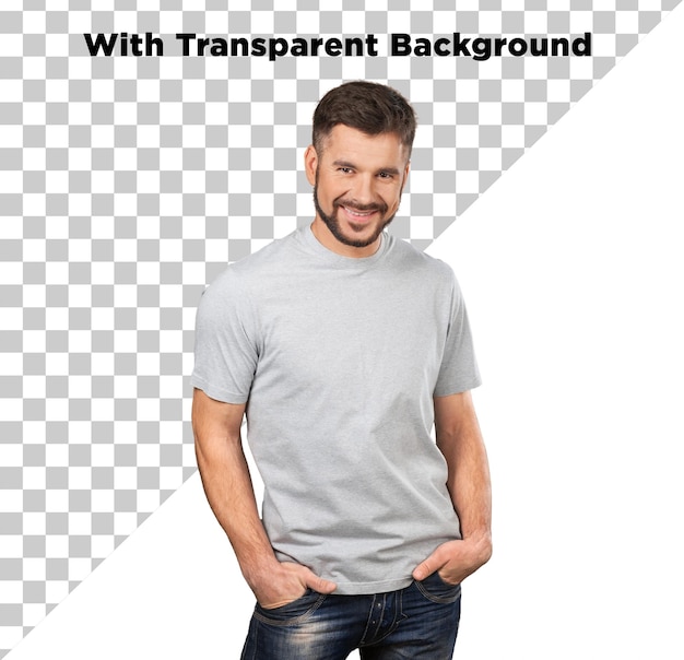 灰色のTシャツを着たハンサムな若い男性 PNG PSD 透明な背景に隔離されています
