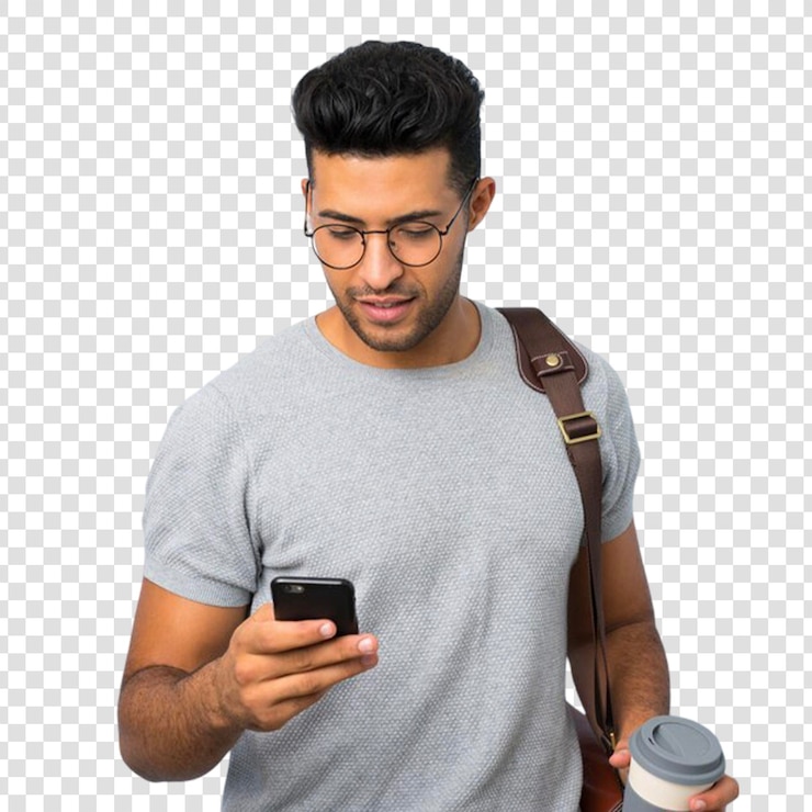 PSD young handsome man holding coffee to take away and a mobile on transparent background