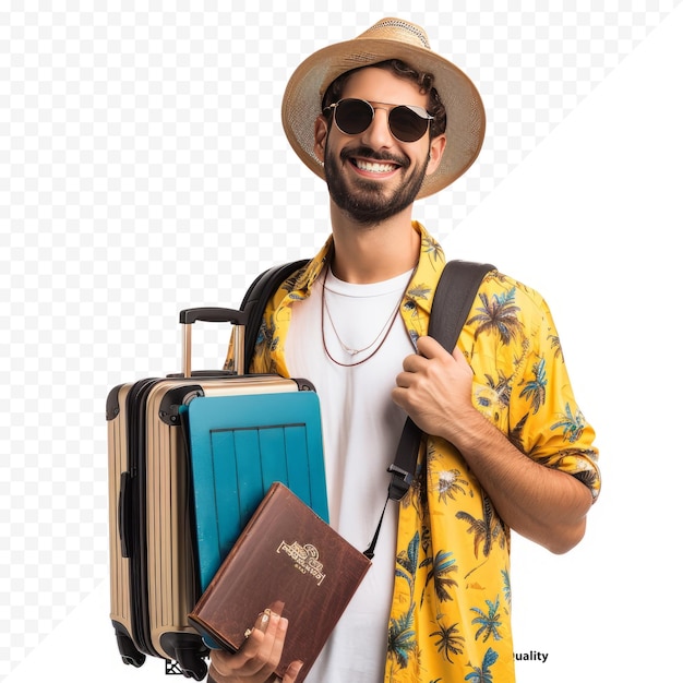 PSD young handsome man over isolated white isolated background in vacation with travel suitcase and passport