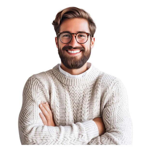 Giovane uomo bello con la barba che indossa un maglione casuale e occhiali.