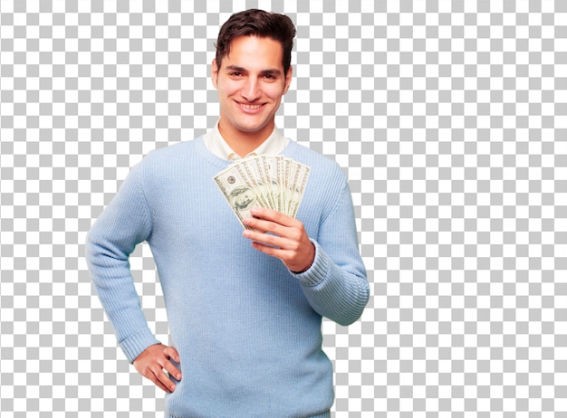 PSD young handsome tanned man pay, buying or money concept