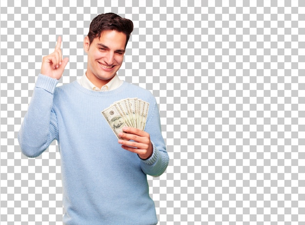 Young handsome tanned man pay, buying or money concept