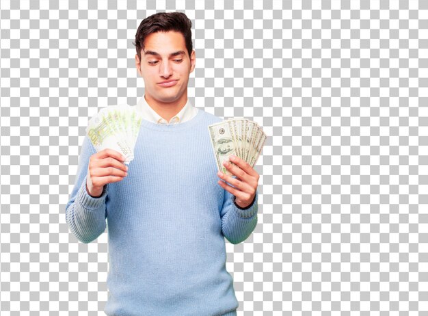 PSD young handsome tanned man pay, buying or money concept