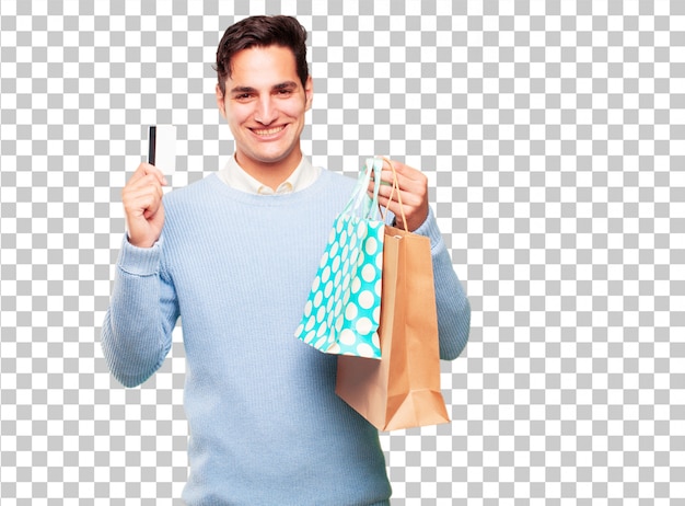 PSD young handsome tanned man pay, buying or money concept