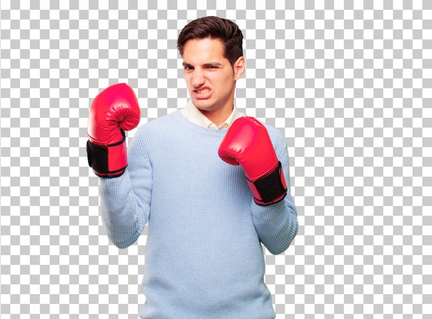 Young handsome tanned man wearing boxing gloves