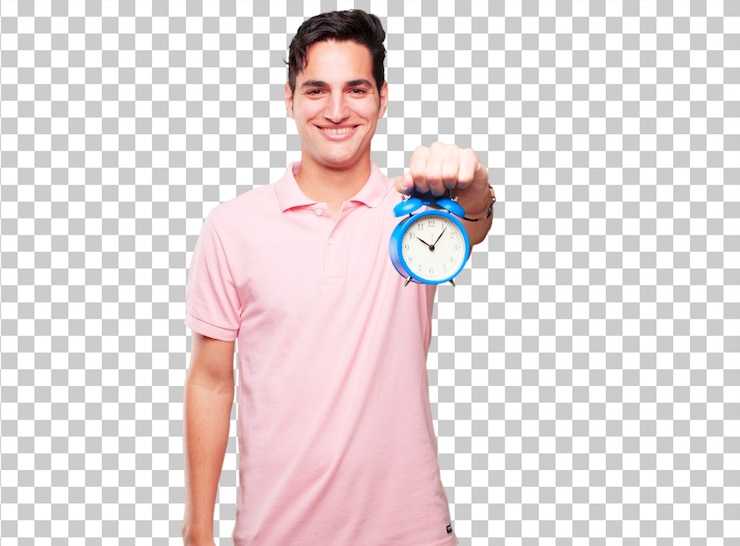 PSD young handsome tanned man with an alarm clock