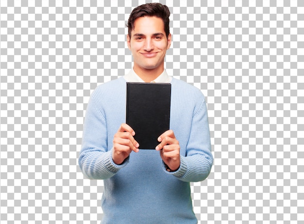 Young handsome tanned man with a book