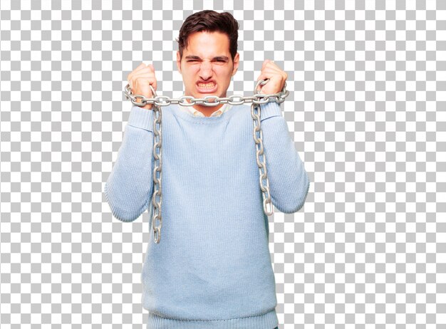 PSD young handsome tanned man with a chain. freedom concept