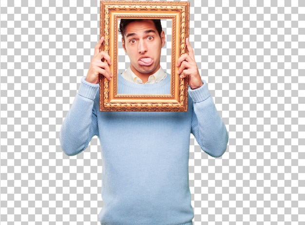 Young handsome tanned man with a frame