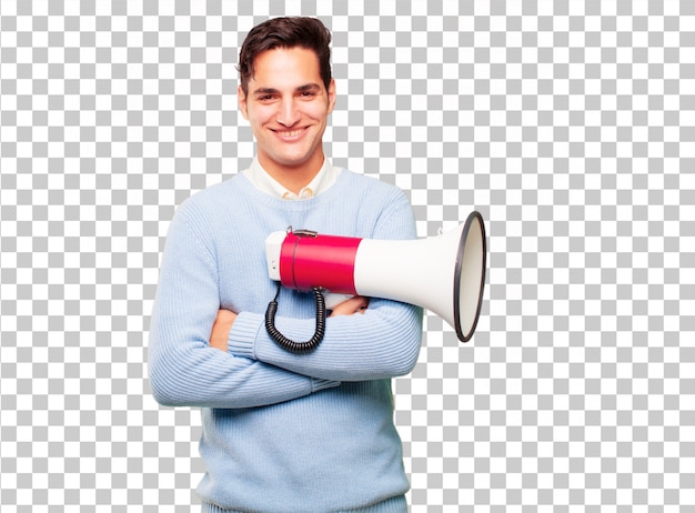 PSD young handsome tanned man with a megaphone