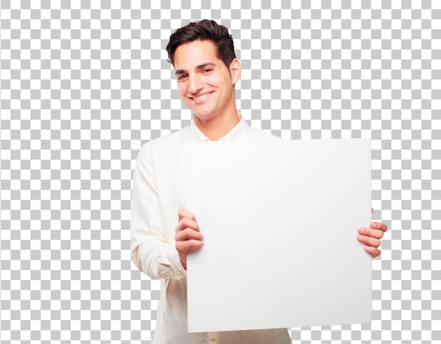 Young handsome tanned man with a placard