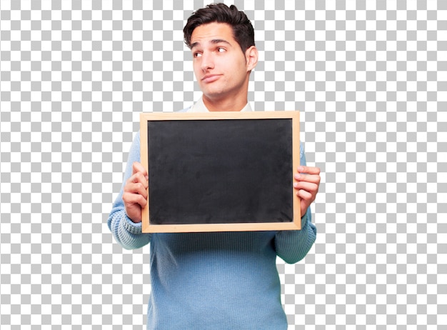 PSD young handsome tanned man with a placard