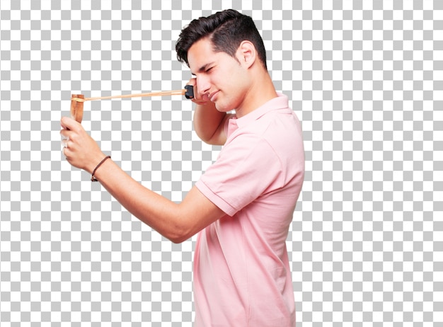 PSD young handsome tanned man with a slingshot