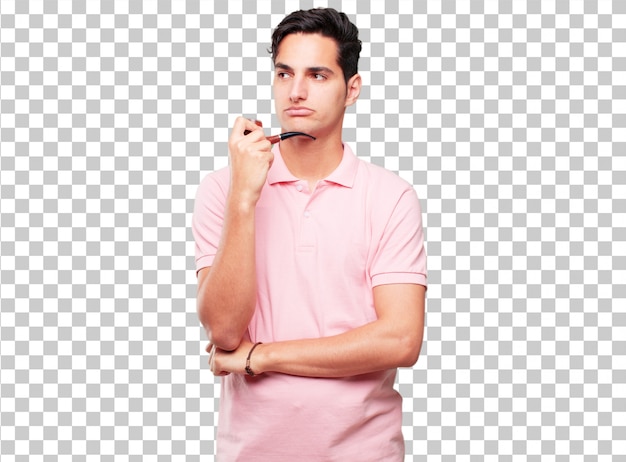 PSD young handsome tanned man with a smoke vintage pipe
