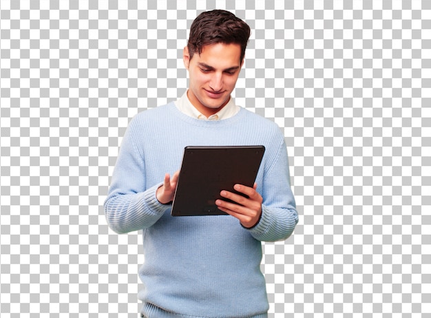 young handsome tanned man with a touch screen tablet