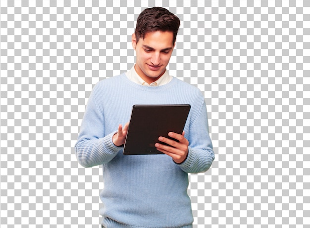 PSD young handsome tanned man with a touch screen tablet