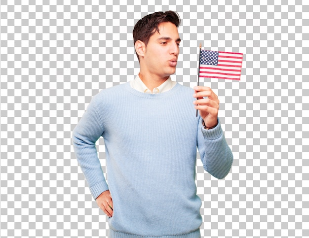 PSD young handsome tanned man with an usa flag