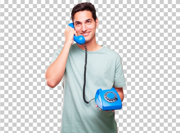 Young handsome tanned man with a vintage telephone