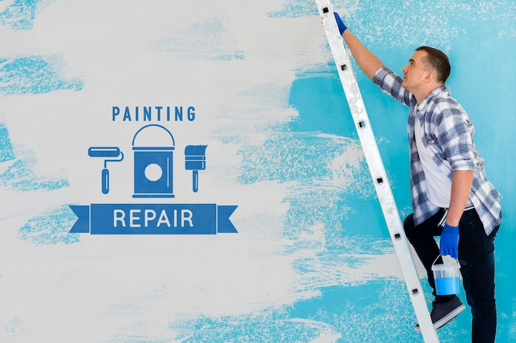 PSD young handyman repairing the wall
