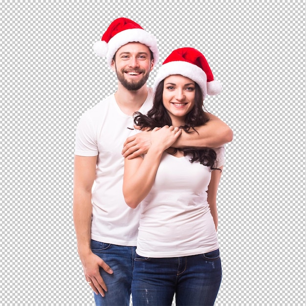 クリスマスの帽子をかぶった若い幸せなカップル 白い背景に隔離されています