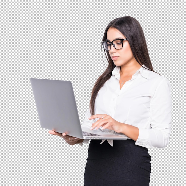 Young happy smiling business woman in casual clothes holding laptop and sending email isolated on white