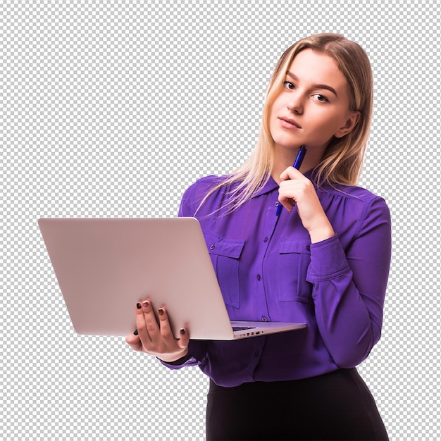young happy smiling woman in casual clothes holding laptop and sending email to her best friend