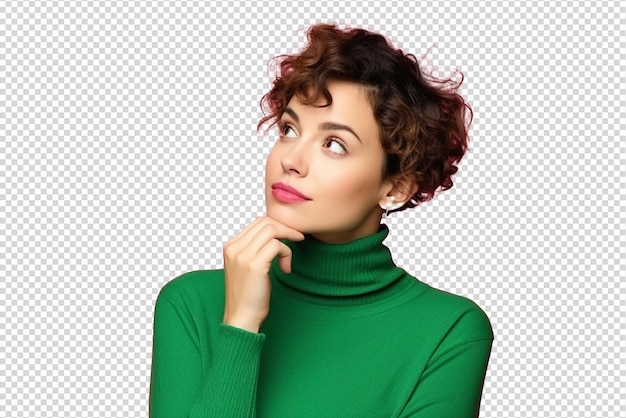 A young happy woman and thinking isolated on a transparent background