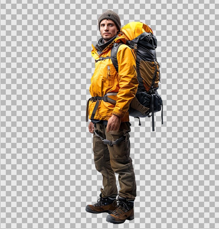 Young hiker with hiking equipment on isolated transparent background