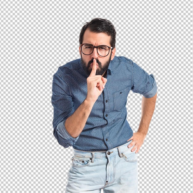 PSD uomo giovane hipster che fa gesto di silenzio