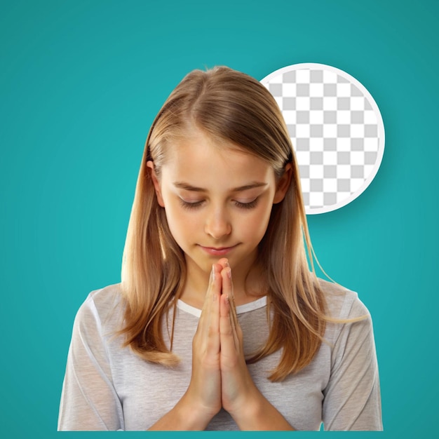 PSD young holding hands in praying gesture in black blouse pants and looking hopeful