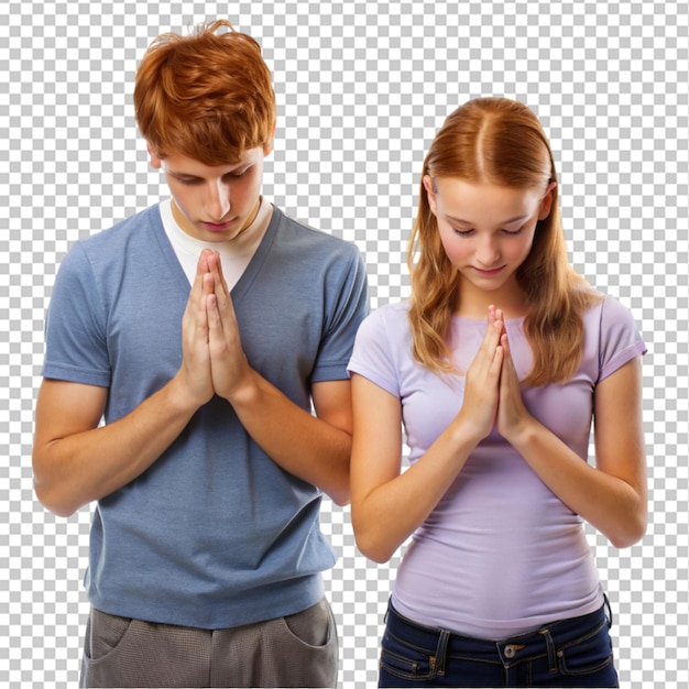 PSD young holding hands in praying gesture on transparent background