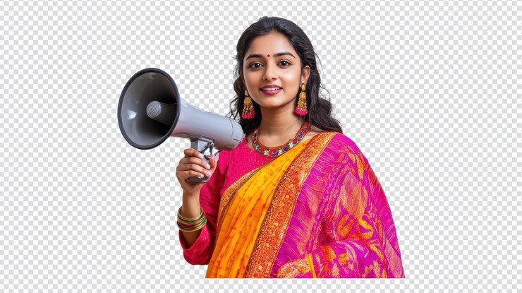 PSD young indian woman engaging in social activism with a megaphone for bold campaigns and community outreach initiatives