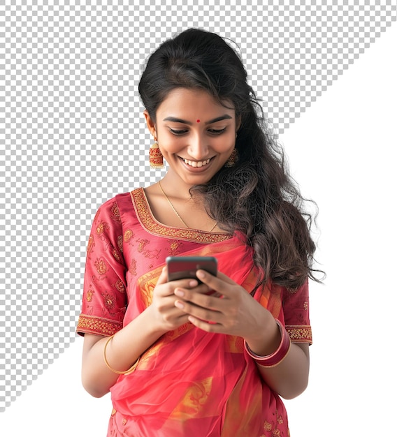 PSD young indian woman in a red traditional outfit holding a phone while smiling