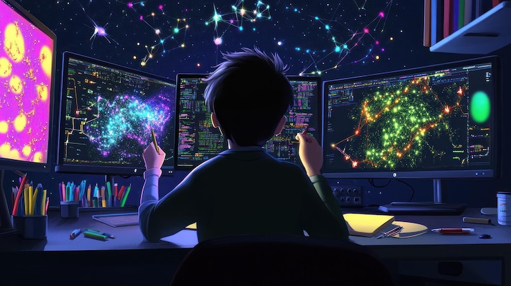 PSD a young innovator immersed in a world of data visualization connecting the dots between complex networks and unlocking hidden patterns in a symphony of vibrant colors