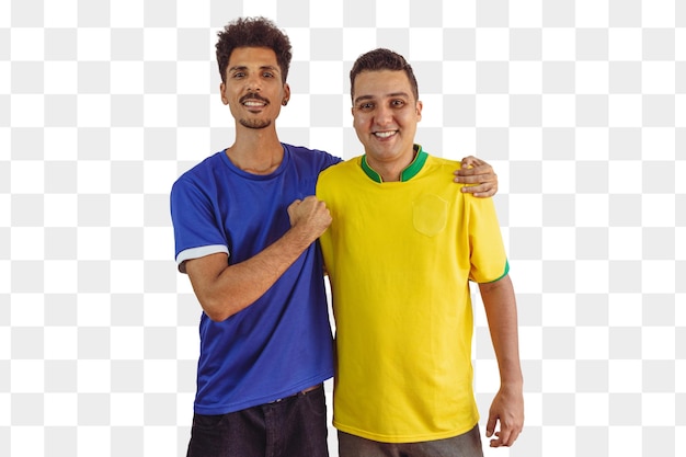 Young male black soccer competitors standing against white background with blue and yellow shirt