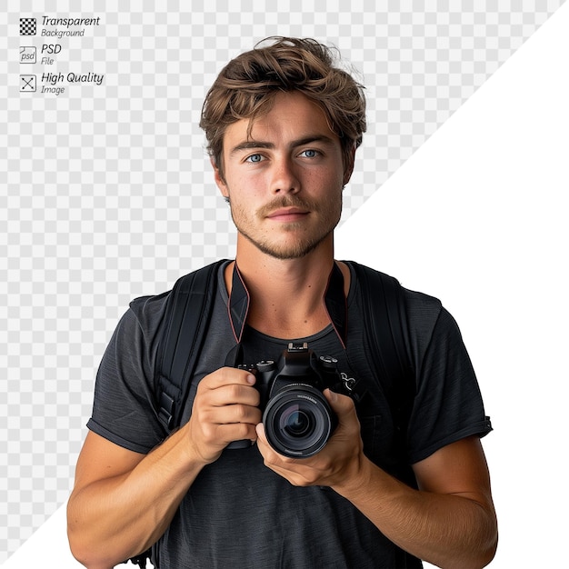 PSD young male photographer holding camera on tranparent background