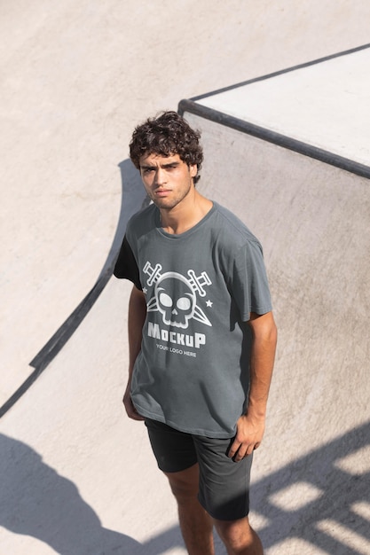 PSD giovane skateboarder maschio con t-shirt mock-up